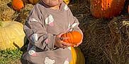 Lily joined the competition — help win amazing prizes! toddler, child, pumpkin, pumpkin_patch, hay_bales, outdoor, smiling, fall, autumn, grass, casual_clothing, sneakers, sunlight, cute, nature, seasonal, harvest, person, holding, small_pumpkin