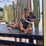 dog, brindle_coat, harness, bandana, playground, play_structure, platform, paws, tongue_out, panting, pet, outdoor, metal_surface, close_up, portrait, happy, canine, resting, collar, adventure