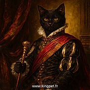 Dragnir participe au concours pour gagner de l'argent avec cette photo : black_cat, cat, regal, royal_clothing, scepter, portrait, historical_style, costume, luxury, indoor, painting_style, fabric, lace, gold, red_sash, animal_portrait, feline, noble, classic, dark_background
