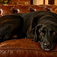 Balou a rejoint le concours — aidez-le/la à gagner de superbes lots ! dog, black_dog, labrador, pet, animal, lying_down, resting, sofa, leather, couch, tufted, indoor, home, living_room, brown, black, portrait, close_up, warm_lighting, relaxed