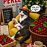 cat, hat, yellow_chair, cherries, basket, crate, mug, flowers, leaf, stone_floor, sign, chalkboard, text, fruit, pet, animal, relaxing, outdoor, cute, playful