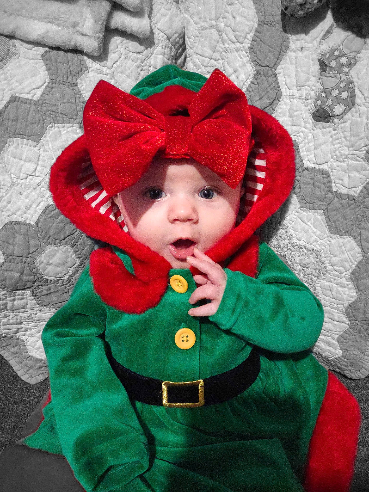 Macelynn joined the competition — help win amazing prizes! baby, baby_toddler_clothing, cap, costume_hat, dress, eye, face, hat, head, headwear, human_body, jacket, leaf, outerwear, person, plant, red, sleeve, textile, toddler