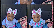 Nova is registered to the contest to win money with this photo: baby, bag, bow, casual, child, clothing, collage, curious, cute, denim, headband, heart_patch, innocence, jeans, multiple_images, outdoor, pink, portrait, seat, sitting