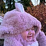 Savannah is registered to the contest to win money with this photo: baby, child, smile, happy, costume, bunny, pink, fluffy, hood, ears, outdoor, nature, trees, autumn, leaves, cute, portrait, face, infant, warm