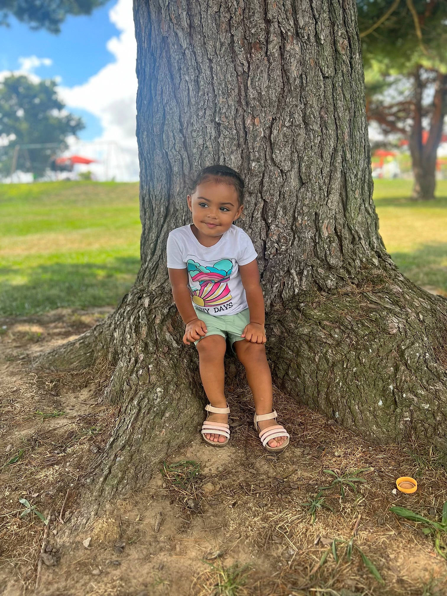 Jadyn joined the competition — help win amazing prizes! branch, cloud, forest, fun, grass, hairstyle, happy, joy, people_in_nature, person, plant, shorts, sky, smile, standing, thigh, toddler, tree, trunk, wood