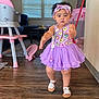 toddler, child, purple_dress, headband, indoor, wooden_floor, high_chair, couch, carpet, toy, furniture, walking, person, curtains, window, home, living_room, sandals, cute, baby