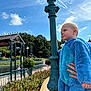 toddler, child, blue_costume, outdoor, daylight, lamp_post, garden, plants, bushes, sky, clouds, hand, people, fence, trees, park, portrait, person, costume, sunny