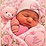 newborn, baby, sleeping, infant, portrait, pink, girl, hat, bow, blanket, teddy_bear, stuffed_animal, flowers, roses, butterfly, heart_pillow, nursery, close_up, peaceful, princess