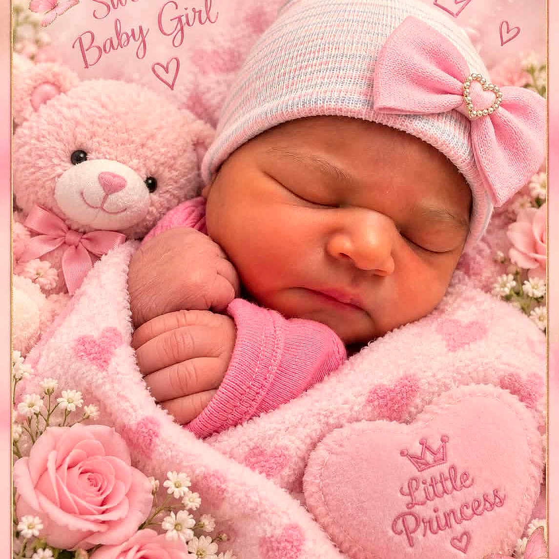 Isariyah is registered to the contest to win money with this photo: newborn, baby, sleeping, infant, portrait, pink, girl, hat, bow, blanket, teddy_bear, stuffed_animal, flowers, roses, butterfly, heart_pillow, nursery, close_up, peaceful, princess