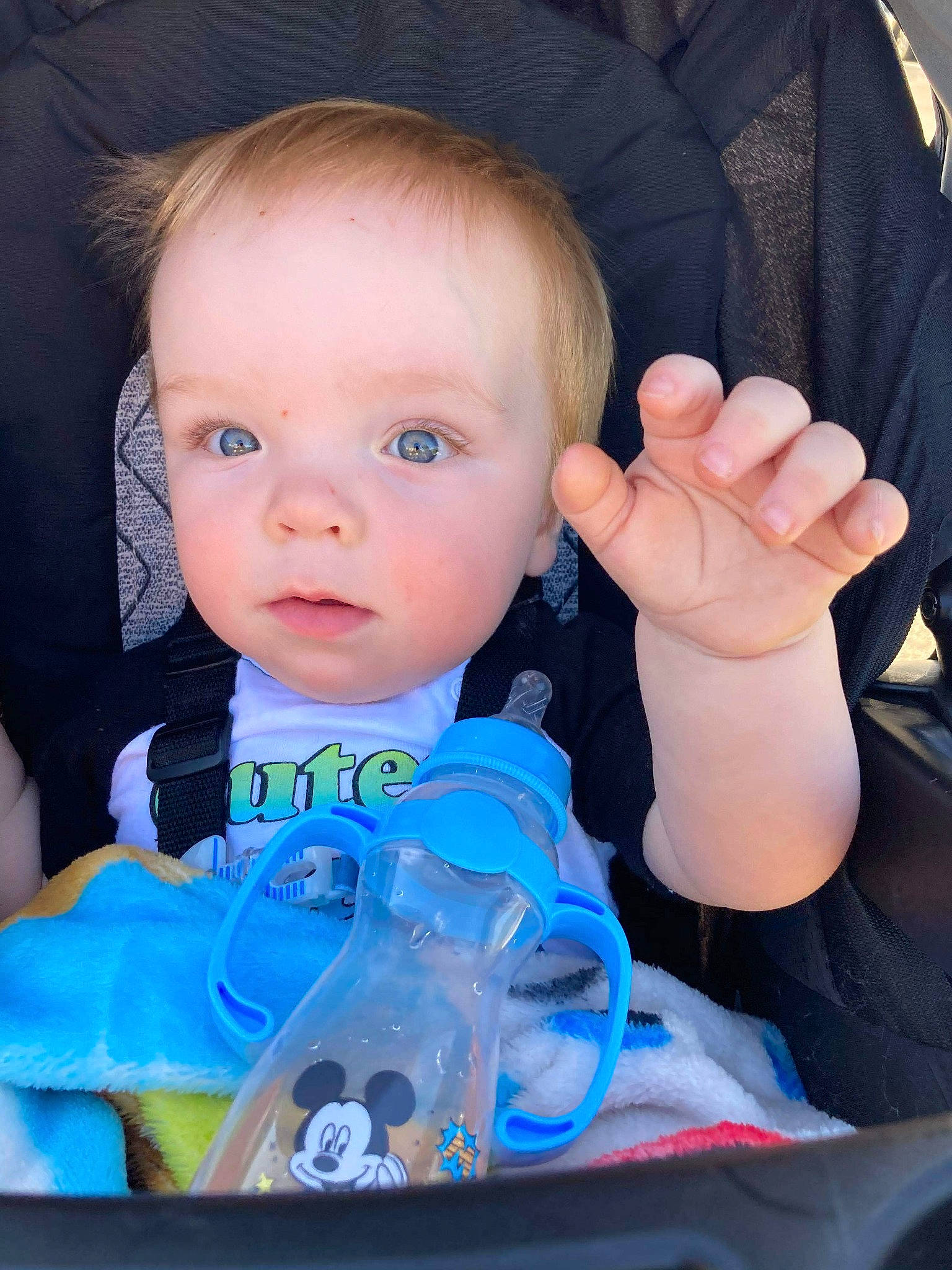 Dallen is registered to the contest to win money with this photo: azure, baby, baby_toddler_clothing, cheek, cool, electric_blue, eyelash, finger, fun, gesture, hairstyle, hand, happy, iris, outerwear, person, product, skin, sleeve, thumb