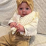 baby, infant, headband, bow, fur_vest, corduroy_pants, beige_clothing, blanket, couch, quilted_texture, hands, eyes, rosy_cheeks, portrait, indoor, soft_lighting, sitting, closeup, adorable, fashionable