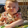 Rayven joined the competition — help win amazing prizes! toddler, child, high_chair, floral_dress, funny_face, indoor, play_tray, smile, person, baby, cute, furniture, leopard_print, blanket, arm, expression, head, hair, room, window