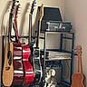 amplifier, black_metal, brown_guitar, cat, curious, floor, furniture, guitar, home, indoor, kitten, music, musical_instrument, pet, red_guitar, shelf, small_animal, string_instrument, vinyl_records, wood_floor