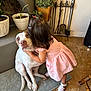 toddler, dog, hug, indoor, pink_dress, white_dog, brown_dog, rug, plant, pot, fireplace_tools, tile_floor, child, affection, cute, pet, love, home, shoes, hair