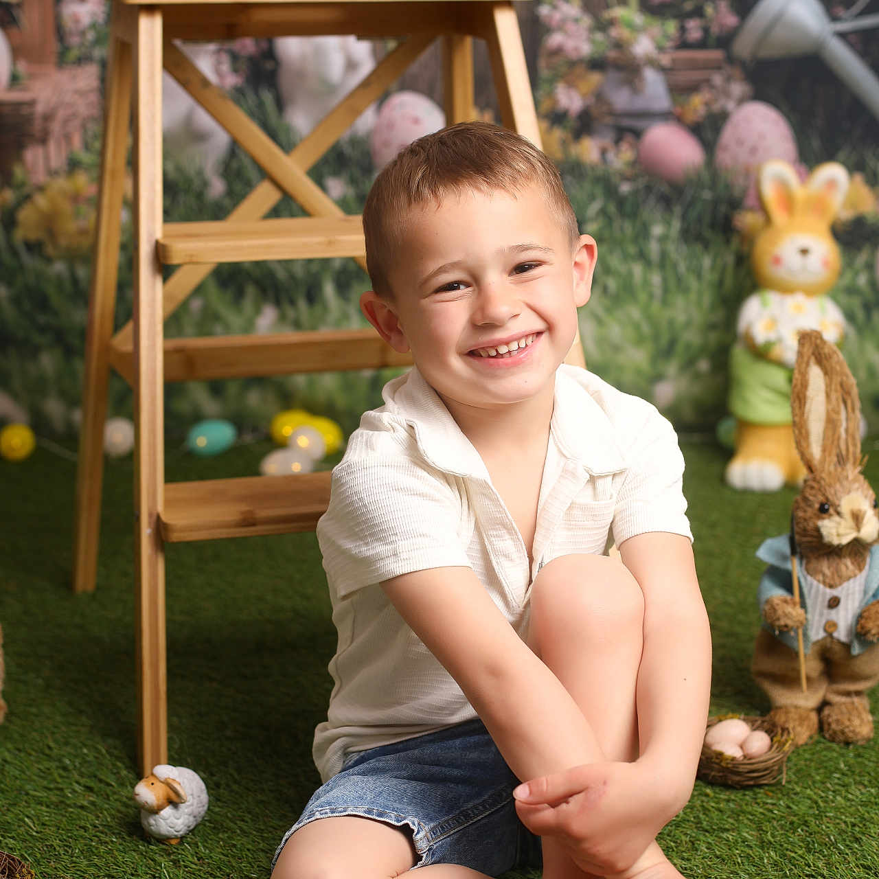 Swann a rejoint le concours — aidez-le/la à gagner de superbes lots ! background, boy, bunny_figurine, casual_clothing, child, decorations, easter, eggs, festive, grass, green, happy, indoor, playful, portrait, shirt, shorts, smiling, toy, wooden_stool