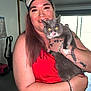 Martini Coons joined the competition — help win amazing prizes! bracelet, cap, cat, face, gray_cat, happy, holding, home_interior, indoor, long_hair, natural_light, person, pet, portrait, red_top, smiling, tattoo, vacuum_cleaner, white_paws, window