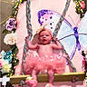 baby, tutu, pink, swing, flower, butterfly, rope, wood, cute, child, indoors, decoration, costume, portrait, smiling, headband, soft, happy, playful, person