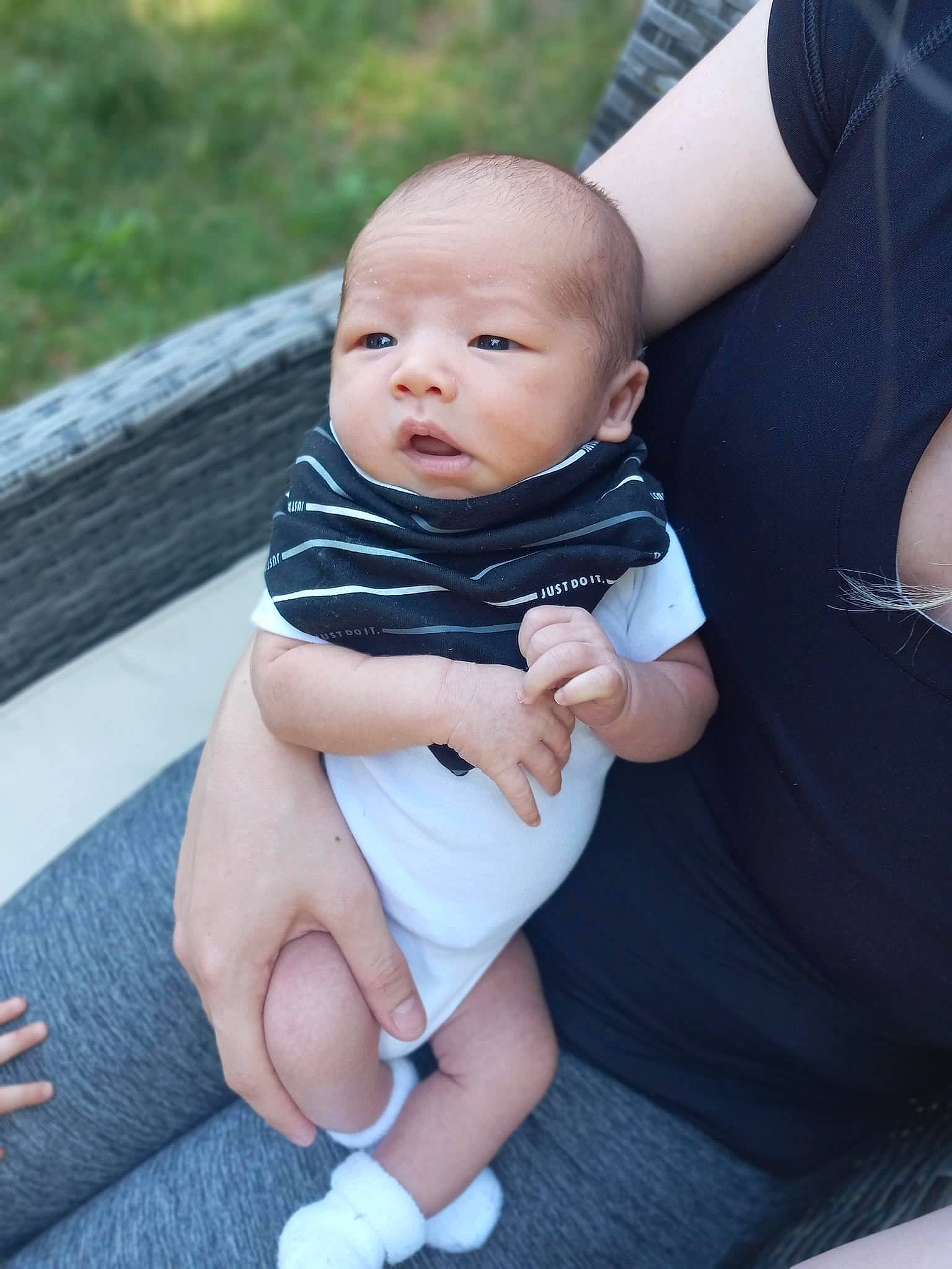 Kaysen joined the competition — help win amazing prizes! azure, baby, baby_products, baby_toddler_clothing, child, comfort, finger, foot, gesture, grass, happy, human_leg, lap, nail, person, sitting, skin, sleeve, thigh, thumb