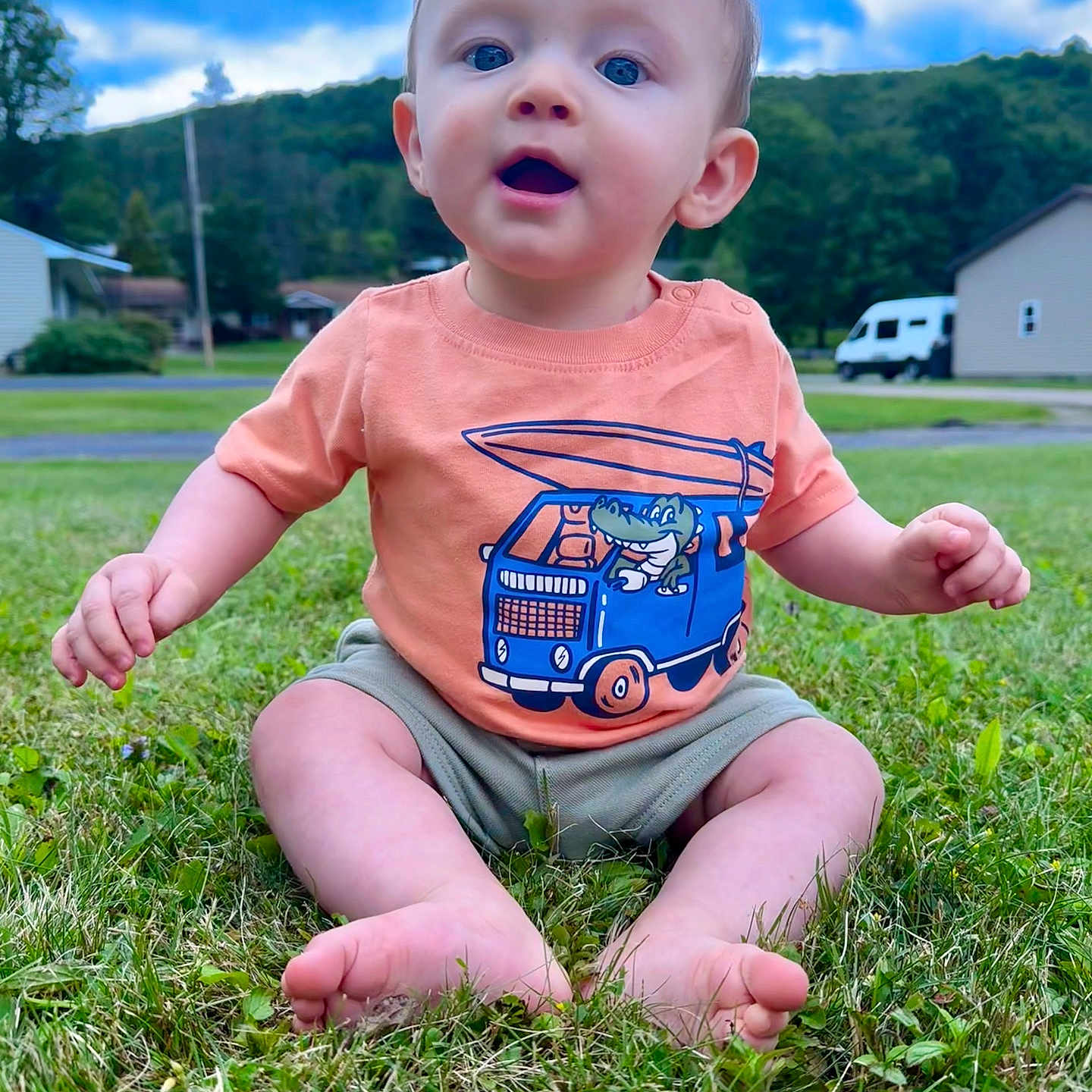 Lincoln is registered to the contest to win money with this photo: baby, backyard, clothing, face, grass, head, lawn, nature, outdoors, pants, park, person, photography, plant, portrait, shorts, sitting, summer, t_shirt, yard