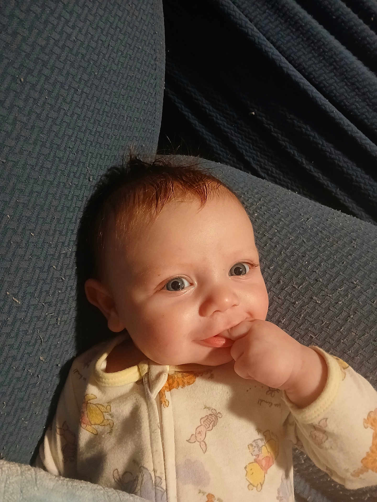 Levi is registered to the contest to win money with this photo: baby, infant, onesie, couch, blue_couch, hand, fingers, face, eyes, smile, chewing, hair, cute, indoor, child, person, portrait, cozy, texture, clothing