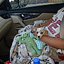 arm, blanket, car_interior, comfort, cone, dog, fence, indoor, lap, person, plush_toy, puppy, seatbelt, shirt, side_mirror, sky, toy, trees, water_bottle, window