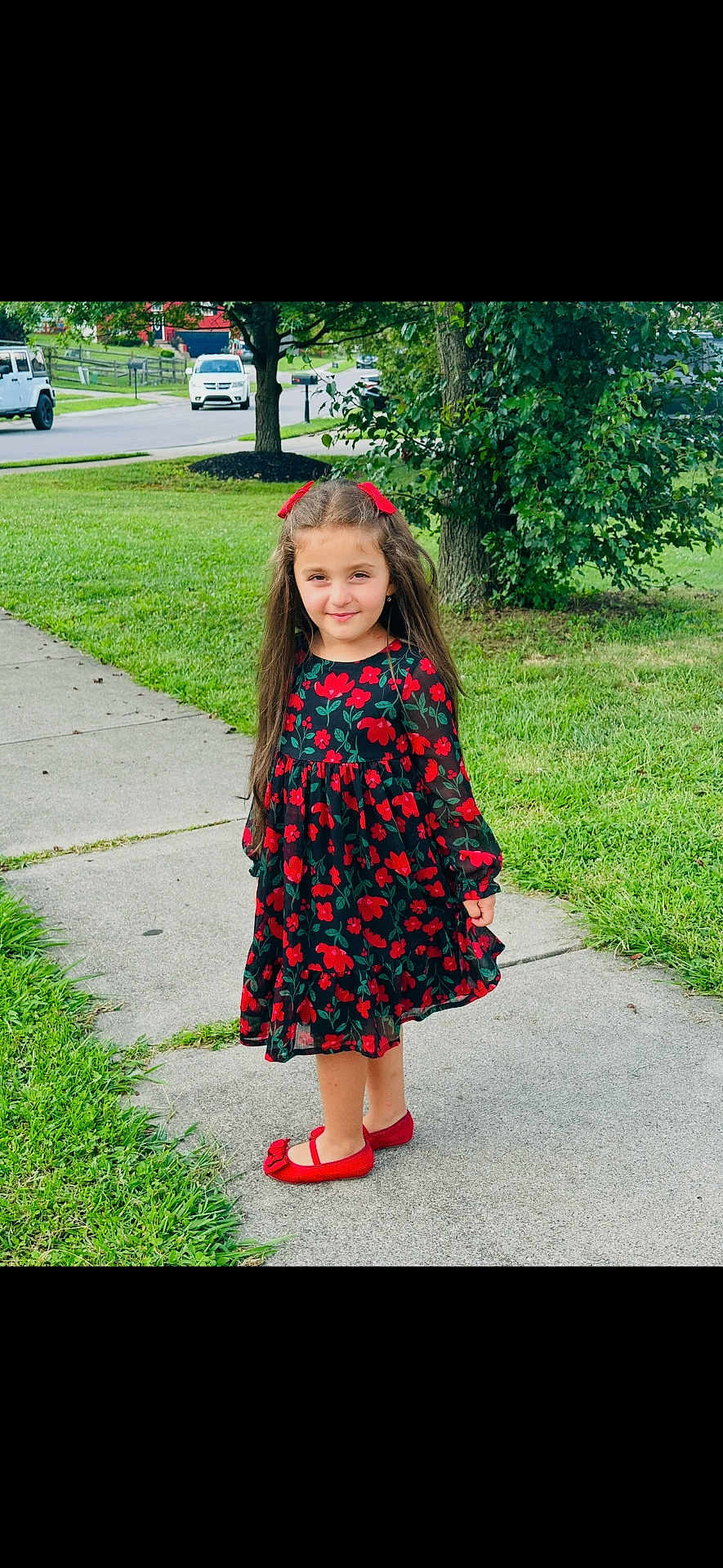 Ayten is registered to the contest to win money with this photo: child, girl, dress, red_shoes, hair_bows, sidewalk, grass, tree, smile, long_hair, outdoor, daylight, casual, fashion, portrait, person, greenery, nature, cute, young