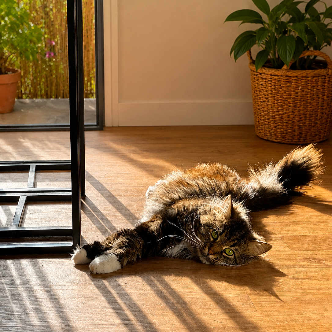 Timal participe au concours pour gagner de l'argent avec cette photo : cat, tabby_cat, indoor, wooden_floor, sunlight, shadow, plant, basket, greenery, door, relaxing, stretching, feline, pet, cozy, home, daylight, fur, whiskers, paws