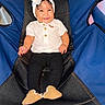 Addie joined the competition — help win amazing prizes! baby, infant, child, smiling, portrait, sitting, playpen, blue, headband, bow, white_shirt, black_pants, tan_shoes, fashion, indoors, happy, cute, baby_seat, face, photography