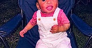 Johnathan is registered to the contest to win money with this photo: baby, child, fireworks, night, outdoor, grass, chair, smiling, happy, overalls, socks, festival, celebration, person, event, seat, recreation, fun, people, darkness