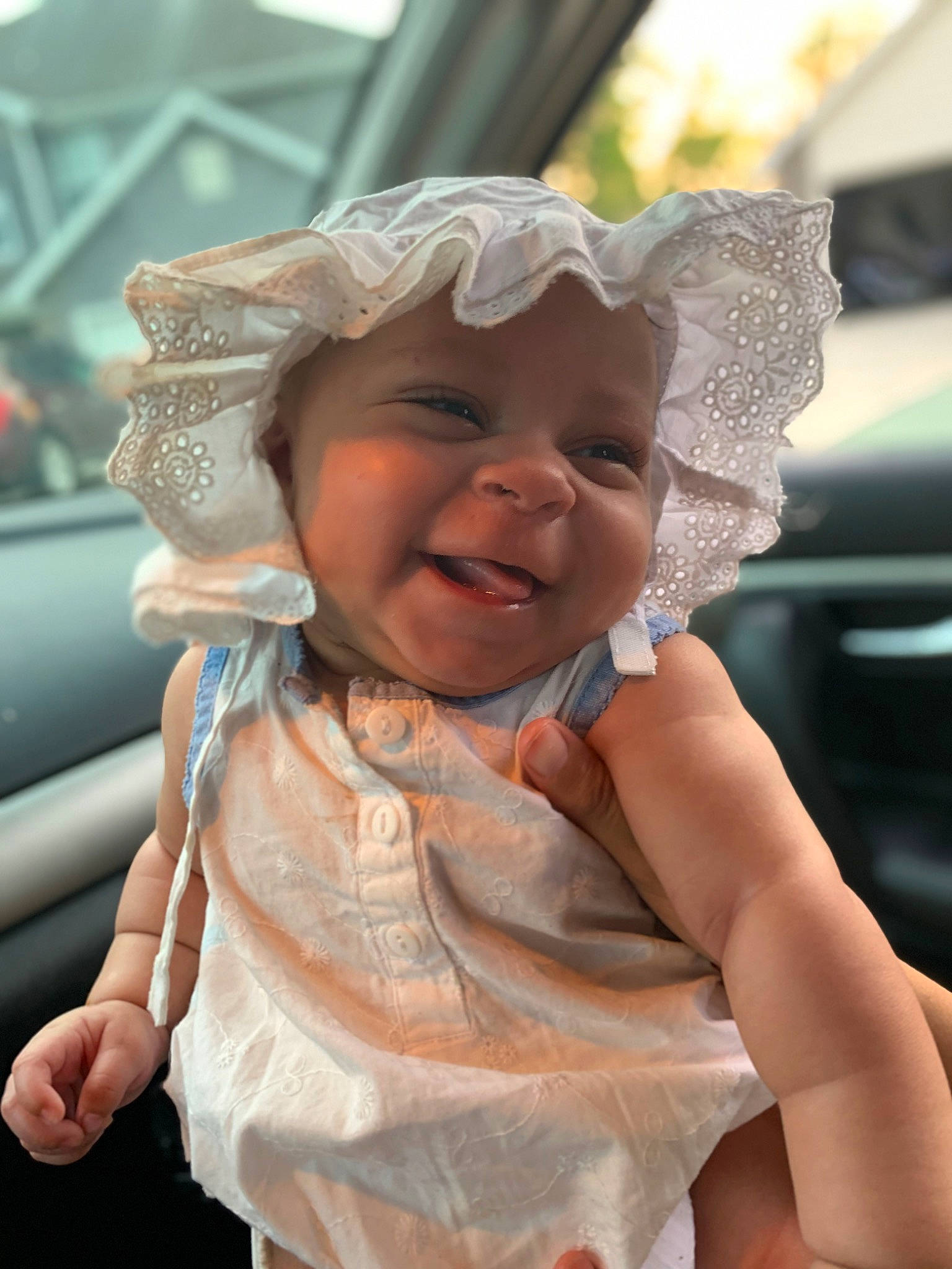 Azariea is registered to the contest to win money with this photo: baby, cheek, child, cool, dress, finger, fun, gesture, hand, happy, headwear, human, human_body, lip, mouth, person, pink, skin, smile, sun_hat