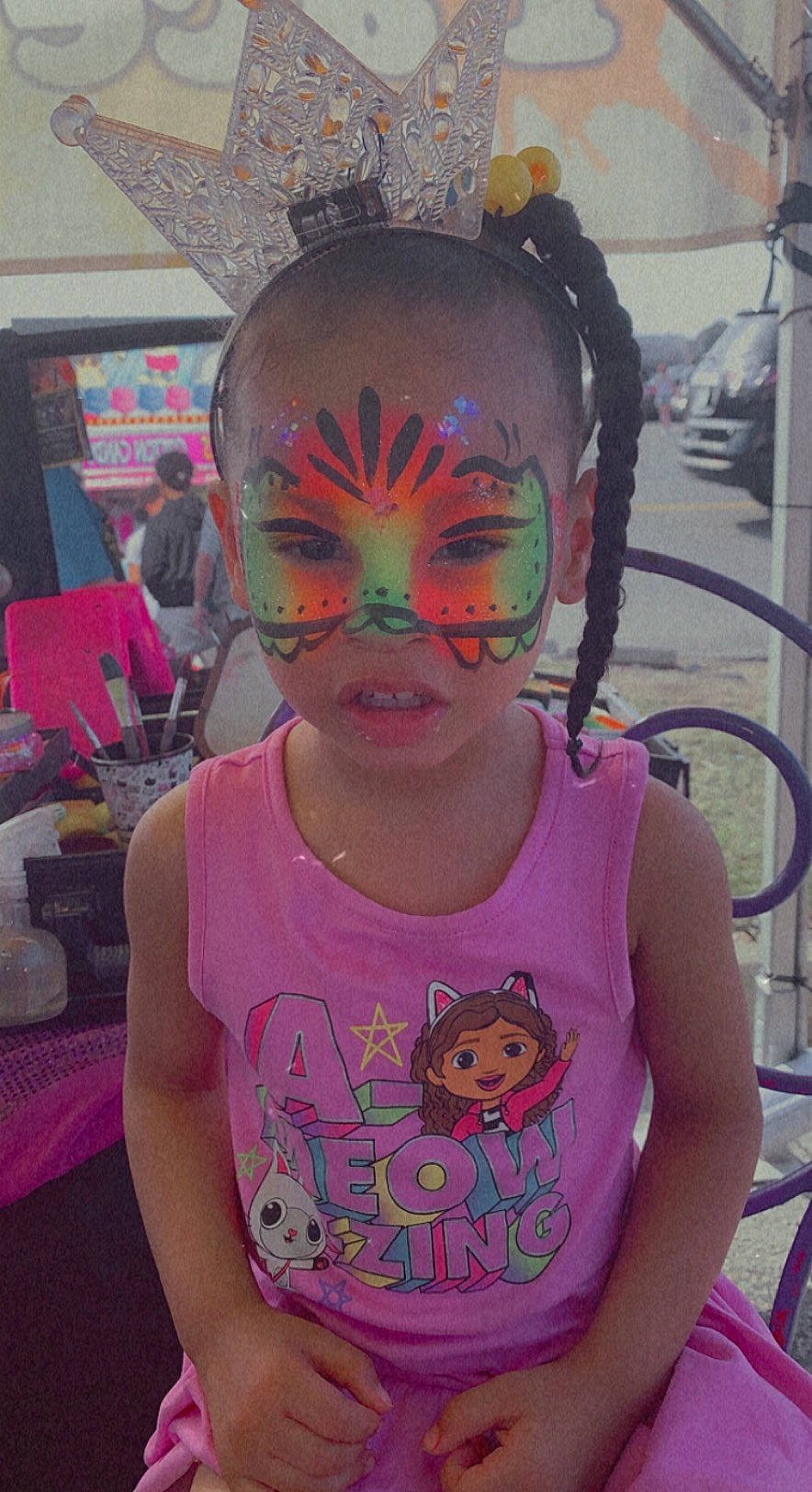 Ava'Lynn is registered to the contest to win money with this photo: baby_toddler_clothing, chest, child, cool, event, eyelash, eyewear, fun, hair_accessory, happy, magenta, mask, mouth, necklace, person, personal_protective_equipment, pink, purple, t_shirt, toddler