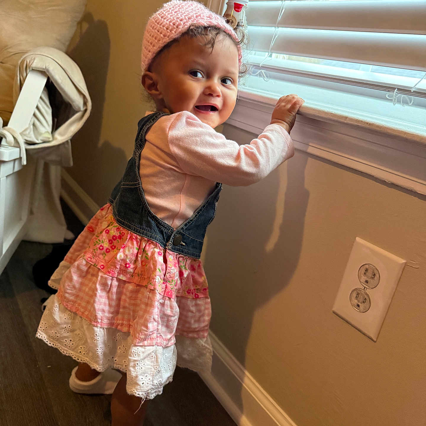 Remi joined the competition — help win amazing prizes! bonnet, cap, child, clothing, dress, face, female, footwear, girl, hardwood, hat, head, homedecor, pants, person, photography, portrait, shoe, skirt, wood