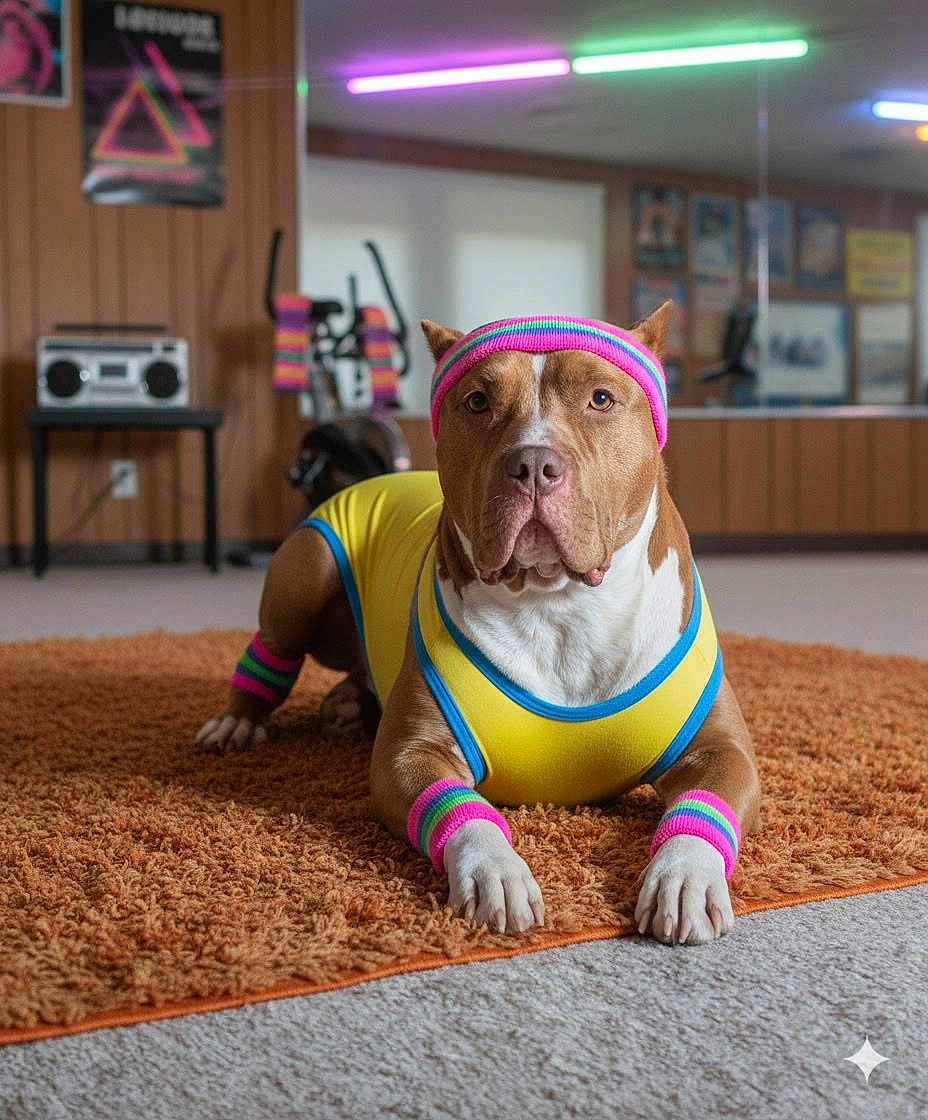 Star is registered to the contest to win money with this photo: dog, pitbull, fitness_clothing, headband, wristbands, carpet, retro_style, boombox, exercise_bike, neon_lights, vintage_room, orange_carpet, yellow_outfit, indoor, pet, animal, posing, cute, relaxed, portrait