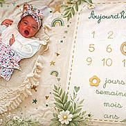 Léana a rejoint le concours — aidez-le/la à gagner de superbes lots ! baby, infant, blanket, plush_toy, headband, floral_pattern, rainbow, milestone_tracker, numbers, decorative_flowers, soft_texture, cute, lying_down, expressive_face, child, white_clothing, toddler, cozy, celebration, portrait