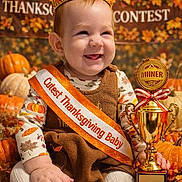 Zulema joined the competition — help win amazing prizes! baby, crown, trophy, thanksgiving, pumpkin, autumn, sash, smile, child, holiday, celebration, cute, orange, gold, festive, leaves, costume, portrait, happy, seasonal