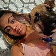 Max joined the competition — help win amazing prizes! woman, dog, selfie, bed, patterned_bedspread, indoor, casual, portrait, closeup, pet, relaxed, smile, ear, collar, tank_top, hair, face, skin, comfort, companion
