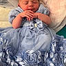 newborn, baby, sleeping, dress, blue, flower, clothing, blanket, netting, hands, infant, cute, portrait, soft, peaceful, resting, indoors, fabric, tulle, person