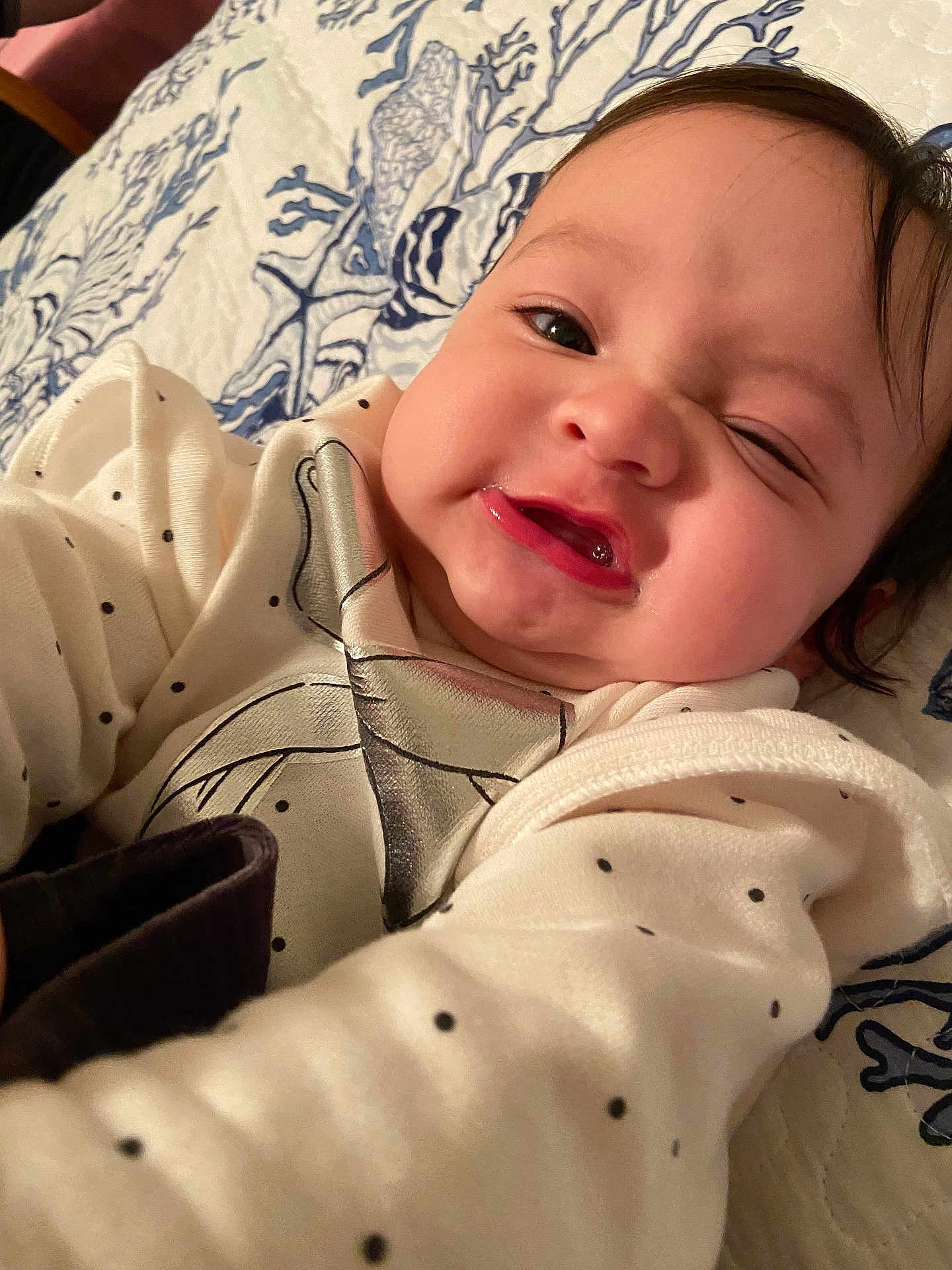 Zozo joined the competition — help win amazing prizes! baby, infant, face, expression, cute, polka_dot, white_clothing, lying_down, blanket, blue, pattern, skin, child, portrait, indoor, young, head, smiling, person, closeup