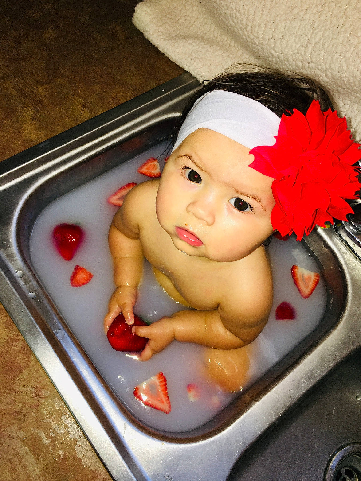 Ripley joined the competition — help win amazing prizes! baby, bathing, cheek, child, person, red