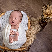 Aaron participe au concours pour gagner de l'argent avec cette photo : baby, newborn, infant, basket, swaddle, blanket, wicker, wood_floor, dried_flowers, vase, props, yawning, toes, hands, cozy, studio, portrait, soft_texture, neutral_tones, natural_decor