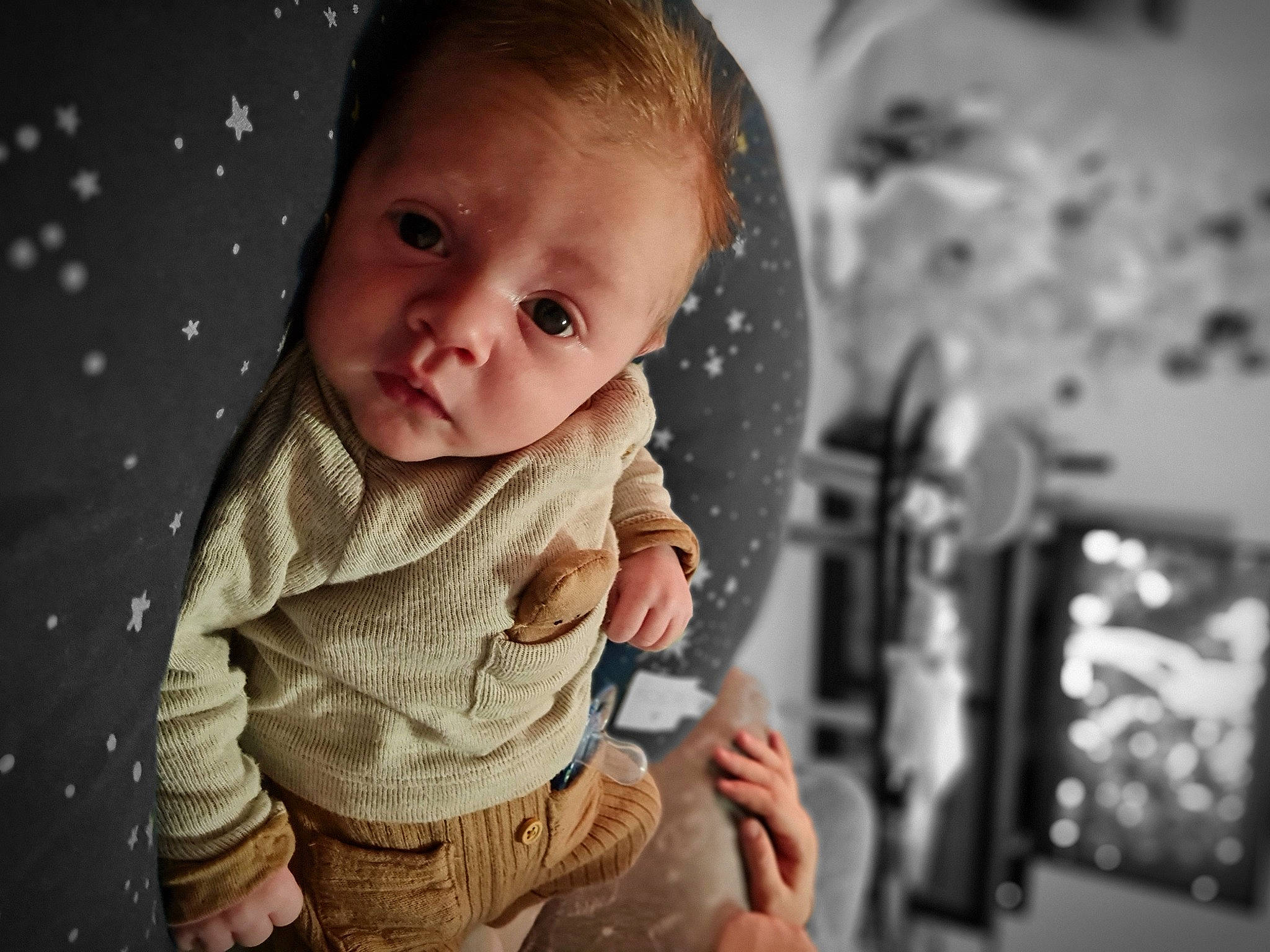 Gabin a rejoint le concours — aidez-le/la à gagner de superbes lots ! arm, baby, baby_toddler_clothing, cheek, chin, comfort, facial_expression, flash_photography, fun, gesture, hairstyle, hand, happy, iris, nose, person, shorts, skin, sleeve, standing