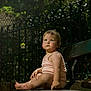 toddler, child, bench, outdoor, park, fence, greenery, daylight, portrait, sitting, curious, cute, summer, baby, skin, clothing, feet, expression, face, nature