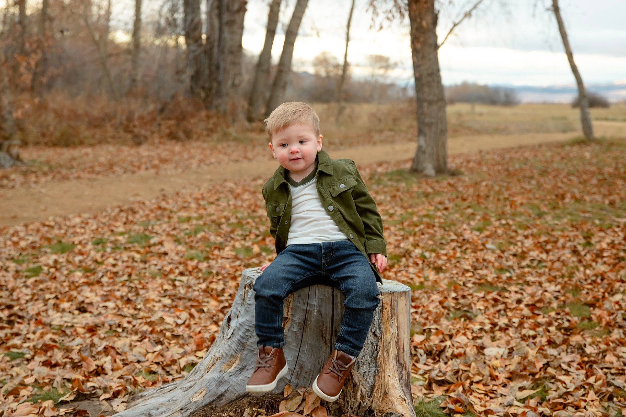 Jaxon is registered to the contest to win money with this photo: child, deciduous, forest, fun, grass, happy, joy, landscape, leisure, natural_landscape, people_in_nature, person, plant, sitting, sky, smile, soil, toddler, tree, trunk