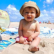 Itao participe au concours pour gagner de l'argent avec cette photo : baby, child, smiling, beach, sand, sunhat, shorts, blue_sky, clouds, towel, flip_flops, sunny, outdoor, summer, vacation, happy, cute, person, barefoot, sitting