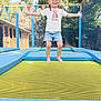 Ambre participe au concours pour gagner de l'argent avec cette photo : child, jumping, trampoline, outdoor, playground, smiling, cap, shorts, tshirt, netting, sunny, trees, fence, colorful_flags, happy, barefoot, summer, recreation, fun, active