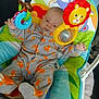 baby, baby_rocker, child, colorful, comfort, cute, face, fox_pattern, happy, indoor, infant, onesie, person, play, resting, sitting, small, soft_toys, toy, young_child