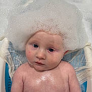 Theo joined the competition — help win amazing prizes! baby, child, bath, foam, bubbles, water, skin, head, face, blue_eyes, tub, bathroom, wet, cute, infant, expression, bubble_crown, relaxation, childhood, portrait