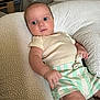 Elio participe au concours pour gagner de l'argent avec cette photo : baby, child, clothing, comfort, curious, cushion, furniture, hand, indoor, infant, leg, living_room, person, polka_dot, portrait, shirt, shorts, skin, sofa, wide_eyes
