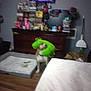 dog, plush_toy, indoor, blurry, dog_bed, dresser, television, floor, wood_floor, toy, living_room, pet, furniture, household_item, room, pet_bed, green_toy, stuffed_animal, canine, domestic_animal