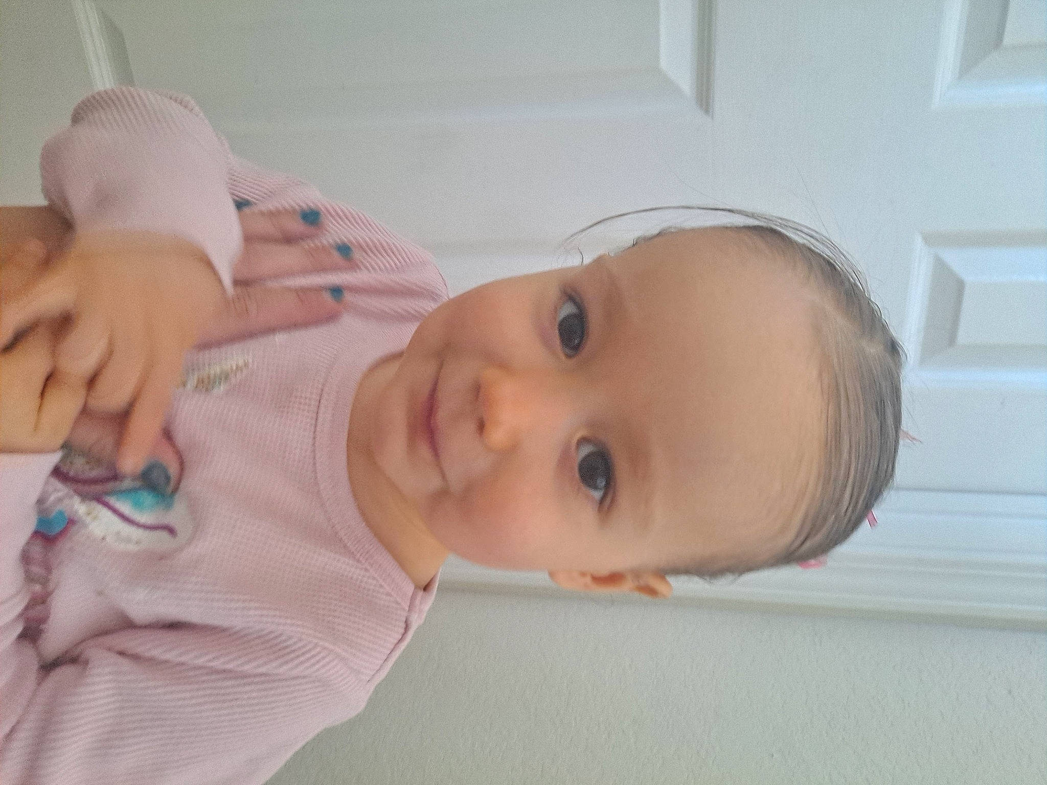 Kaylise joined the competition — help win amazing prizes! baby, baby_products, baby_toddler_clothing, cheek, child, eyelash, flooring, gesture, happy, iris, lip, nose, person, room, skin, sleeve, smile, toddler, wall_plate, wood